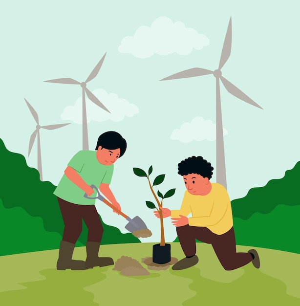 Vecteur illustration de deux hommes plantant une plante