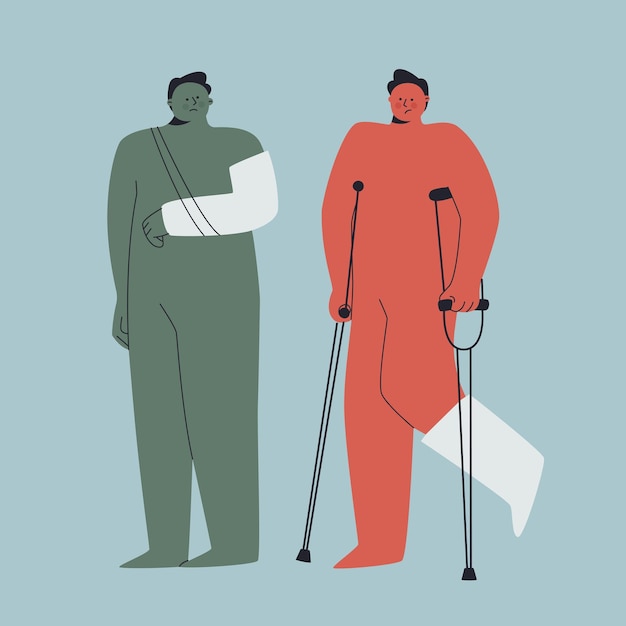 Vecteur illustration de deux personnages patients l'un avec un plâtre sur son bras l'autre avec un plâtre sur sa jambe et sur des béquilles problèmes de patients en traumatologie