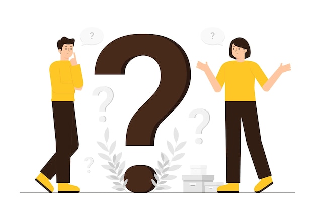 Illustration de deux personnes qui parlent et d'une qui dit une question.