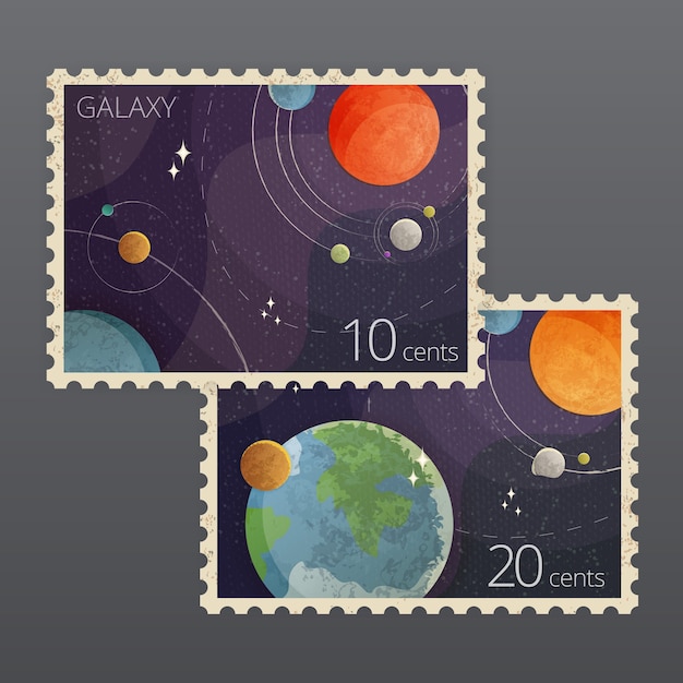 Illustration De Deux Timbres-poste De L'espace Vintage Avec Des Planètes Isolés Sur Fond Gris