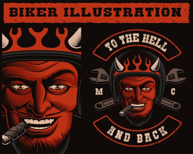 Vecteur illustration d'un devil biker en casque avec des clés croisées. d'un patch de moto, également parfait pour les imprimés de chemises.