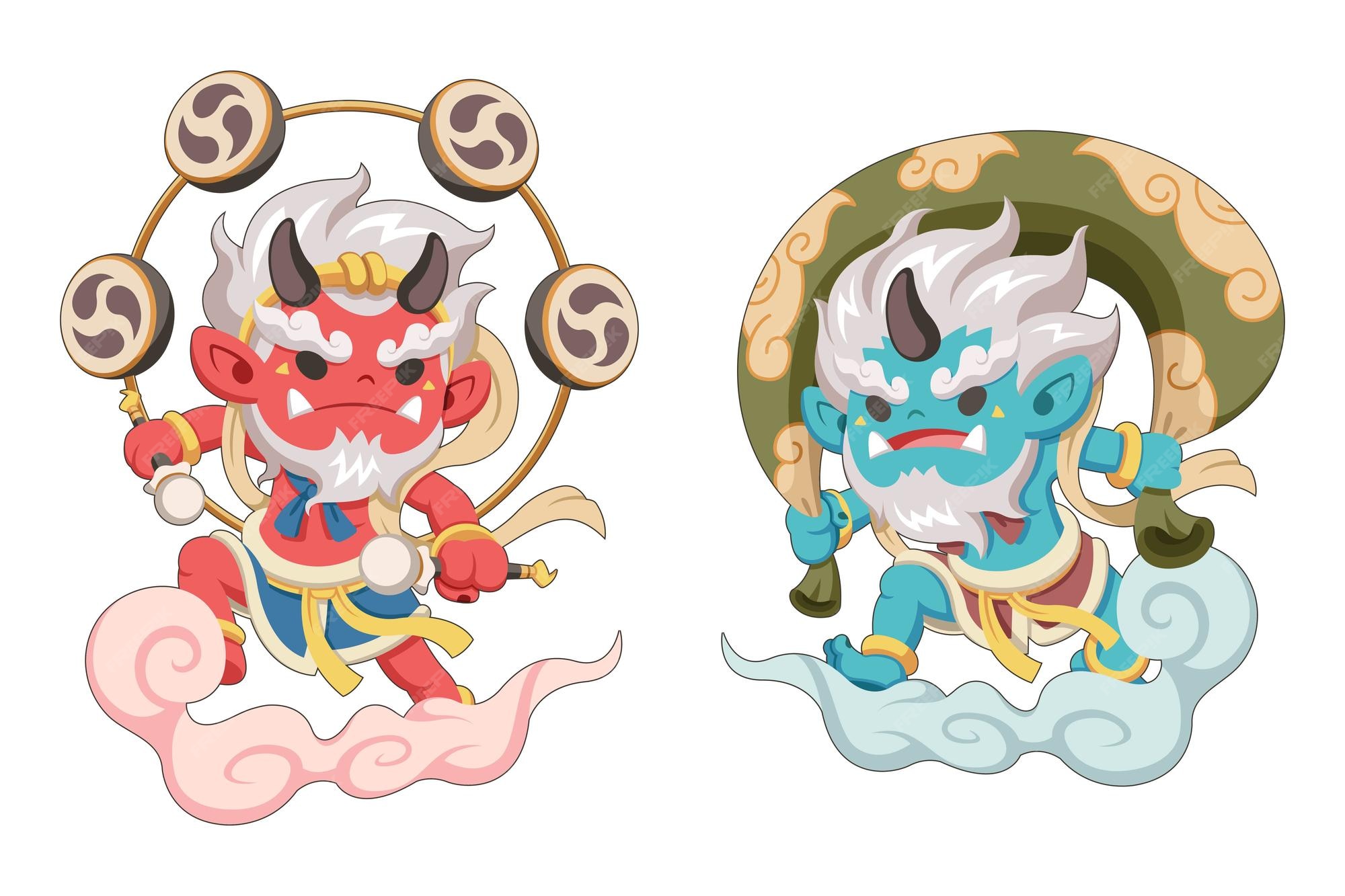 Illustration Des Dieux Japonais Raijin Et Fujin Vecteur Premium