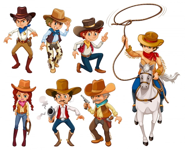 Vecteur illustration de différentes poses de cowboys