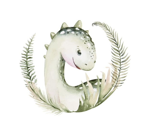 Illustration de dino aquarelle Animal mignon Composition florale tropicale Arrangement pour décor d'enfants