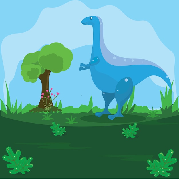 Illustration D'un Dinosaure Sur Une Terre Verte Avec Un Fond De Ciel Bleu