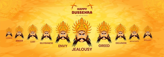 Illustration De Dix Visages Maléfiques De Ravana Avec Leurs Noms Célébration Du Festival Indien Happy Dussehra