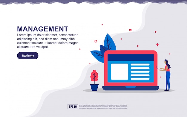 illustration de données de gestion et d’affaires avec des personnes minuscules. Illustration pour la page de destination, le contenu des médias sociaux, la publicité.