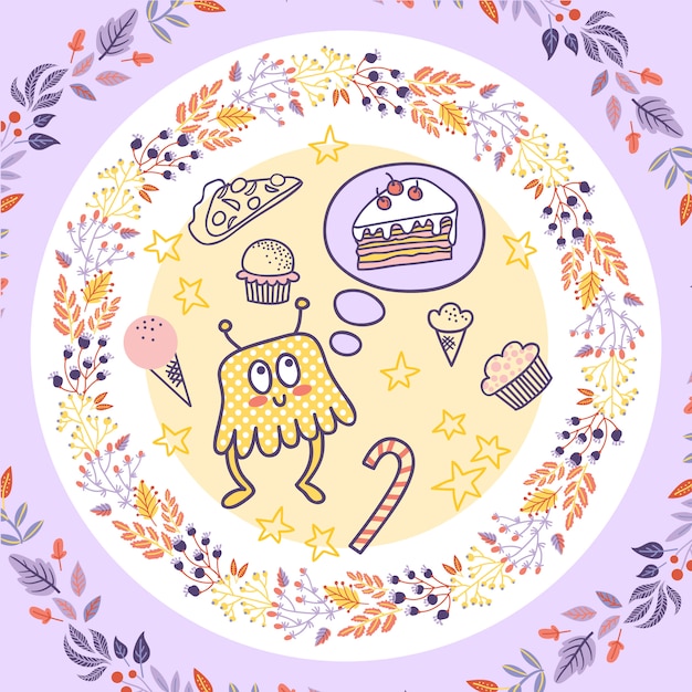 Vecteur illustration de doodle alimentaire avec pizza, crème glacée, gâteau et couronne de fleurs
