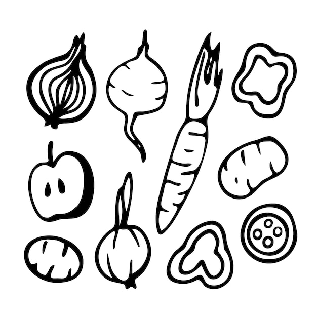 Vecteur illustration de doodle vecteur noir et blanc dessinés à la main avec divers légumes et fruits