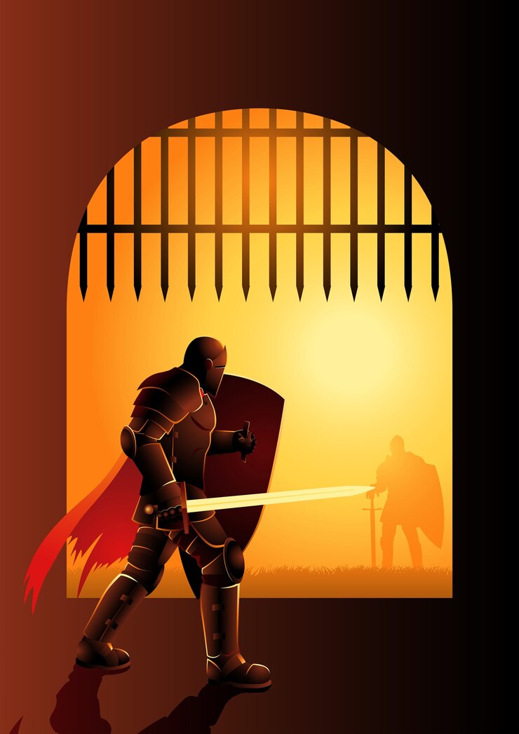 Vecteur illustration dramatique d'un chevalier en attente par la porte d'entrée pour un duel