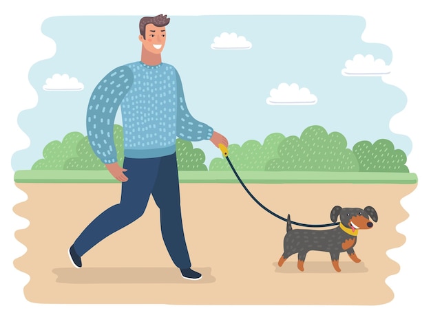 Vecteur illustration drôle de dessin animé de vecteur d'homme marchant avec le chien dans le parc. paysage extérieur d'été.+