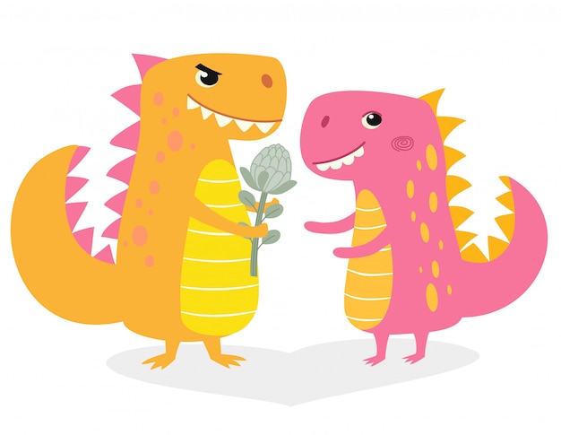 Illustration Drôle Avec Des Dinosaures Amoureux. Design Des Personnages En Style Cartoon