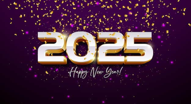 Illustration du bonheur du nouvel an 2025 avec lettre de typographie 3D et confetti doré sur fond violet