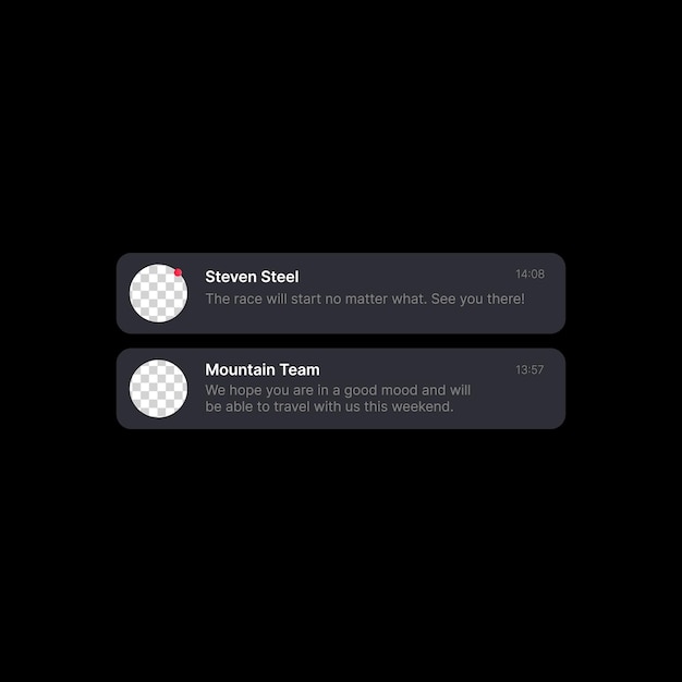 Illustration du centre de notification Concept d'interface utilisateur de médias sociaux sur fond noir Deux lignes de cercles vides pour l'ajout d'icônes de profil Noms de temps modifiables et élément Web de texte pour les applications mobiles