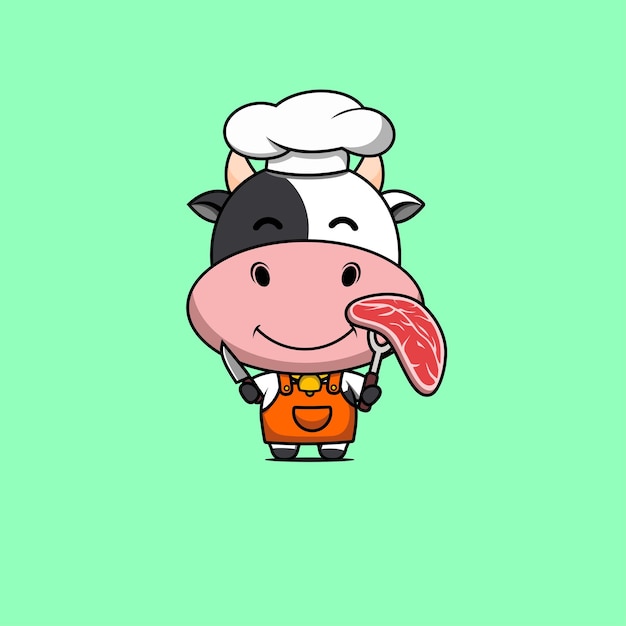 Vecteur illustration du chef de vache mignon apportant la conception de vecteur de viande