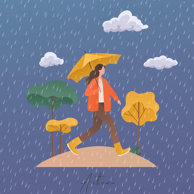 Vecteur illustration du concept d'automne fille avec parapluie sous la pluie d'automne