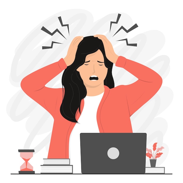 Illustration du concept du mal de tête de la femme travaillant sous stress à vecteur plat