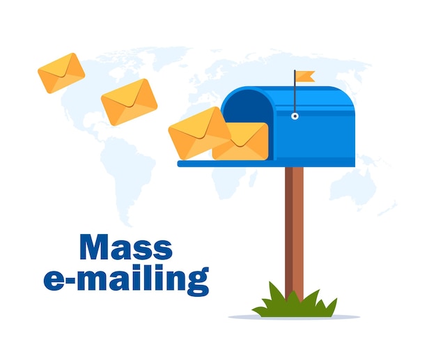 Illustration du concept d'e-mailing de masse avec des enveloppes volant vers une boîte aux lettres bleue sur la carte du monde