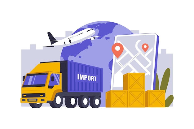 Illustration du concept de logistique d'importation et de gestion de la chaîne d'approvisionnement