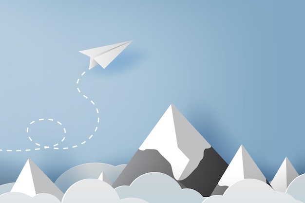 illustration du concept de réussite commerciale, avion blanc en papier Origami volant dans le ciel entre nuage et montagne. Beau paysage naturel. Idée de conception créative. leadership.cible.avion.vecteur EPS10