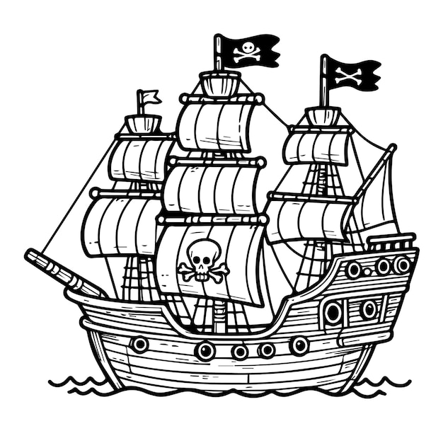 Vecteur illustration du contour d'un navire pirate dessiné à la main vectoriel