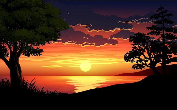 Vecteur illustration du coucher du soleil du lac avec ciel dramatique