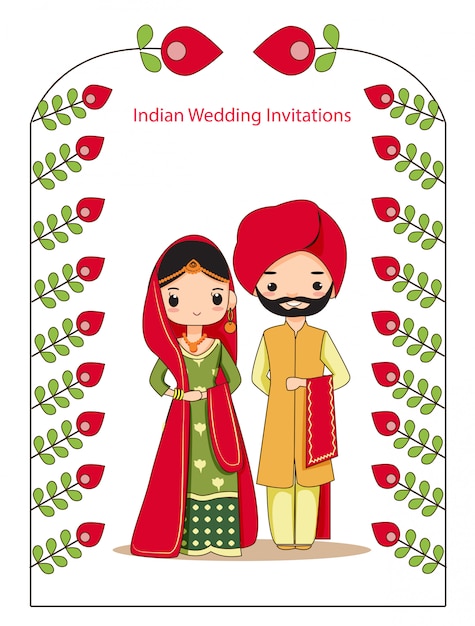 Illustration Du Couple De Mariage Indien En Costume Traditionnel Pour Carte D'invitations De Mariage.