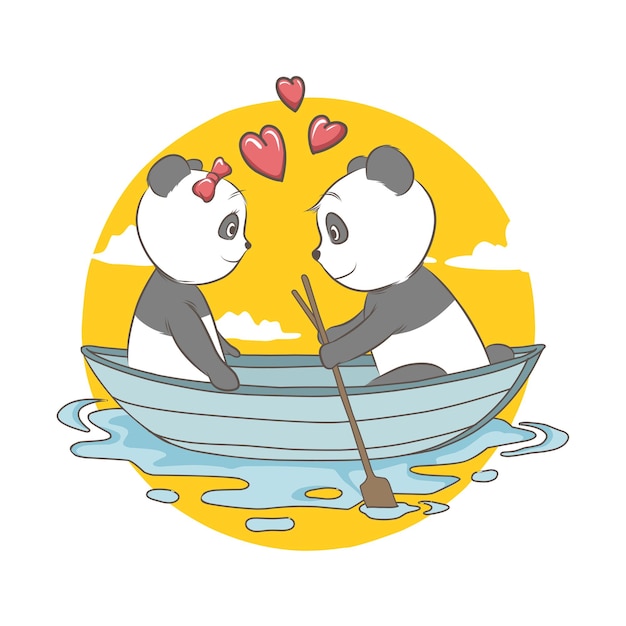 Vecteur illustration du couple panda sur bateau avec coeur. carte et fond