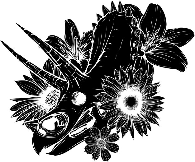 Illustration Du Crâne Du Tricératops Avec Une Fleur