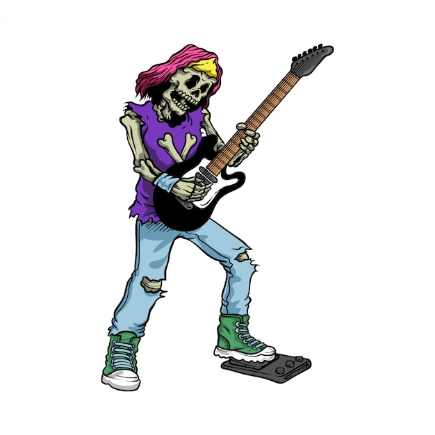 Illustration Du Crâne Rocker Jouant De La Guitare