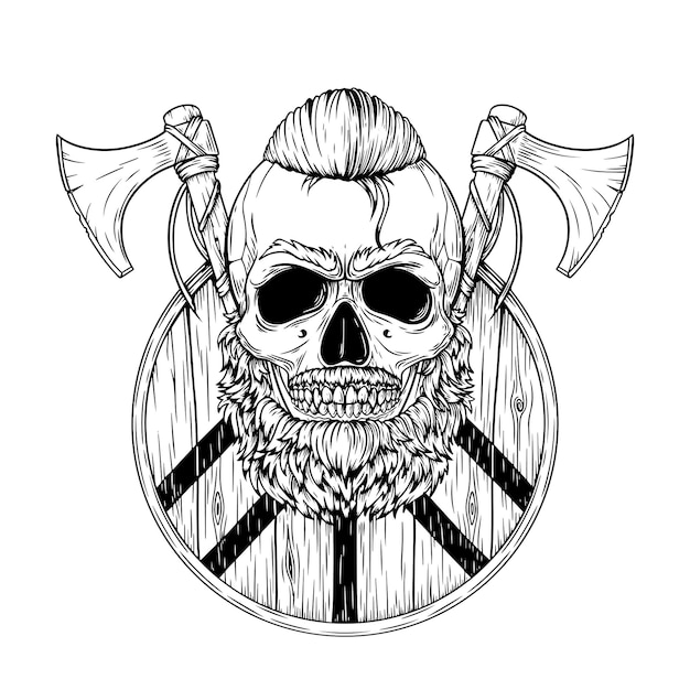 Illustration Du Crâne Viking Avec Bouclier Et Haches Croisées.