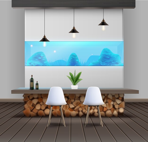 Vecteur illustration du design d'intérieur dans un style éco-minimaliste avec table en bois et aquarium