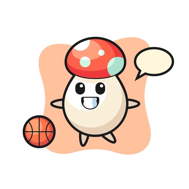 L'illustration Du Dessin Animé De Champignon Joue Au Basket-ball, Conception De Style Mignon Pour T-shirt, Autocollant, élément De Logo