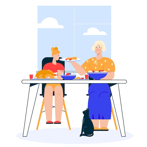 Vecteur illustration du dîner en famille. petite-fille assise à une table à manger festive. grand-mère sert un plat. la famille célèbre les vacances, manger de la nourriture ensemble, concept de loisirs relationnels