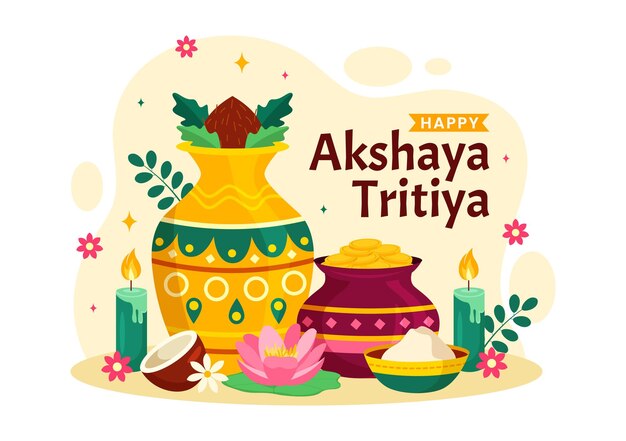 Vecteur illustration du festival akshaya tritiya avec un kalash d'or et des pièces d'or pour la célébration de dhanteras