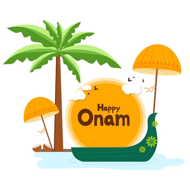 Vecteur illustration du festival onam du sud de l'inde avec bateau et cocotier