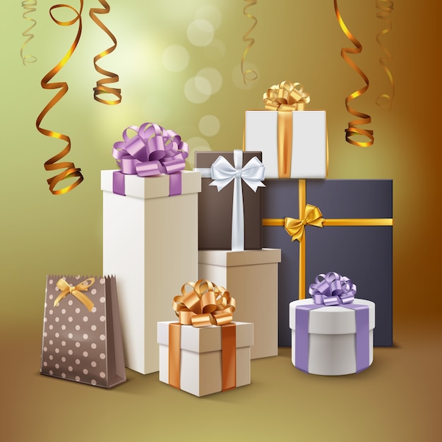 Vecteur illustration du groupe de cadeaux. coffrets cadeaux avec des rubans et des arcs isolés sur fond doré