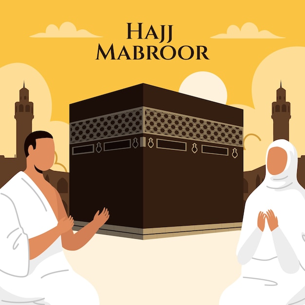 Vecteur illustration du hajj plat avec la mecque et les gens qui prient