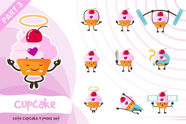 Illustration Du Jeu De Poses De Cupcake De Dessin Animé.