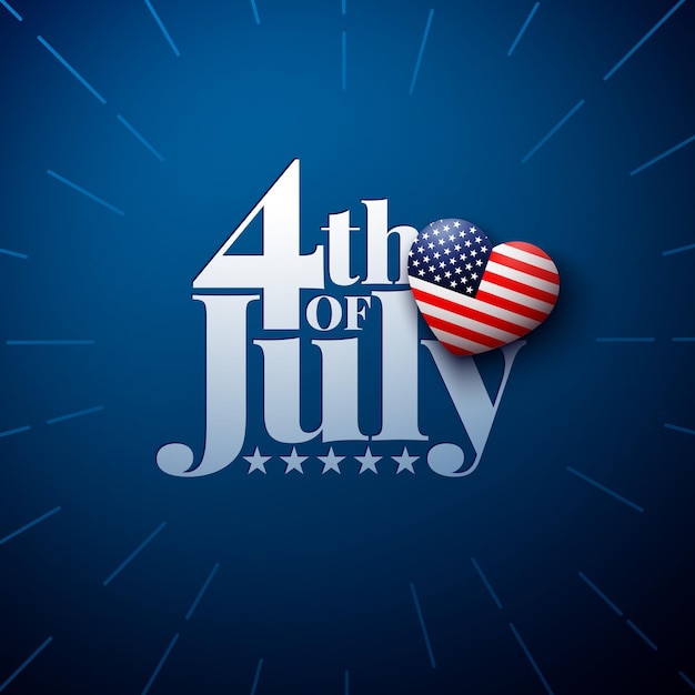 Vecteur illustration du jour de l'indépendance du 4 juillet avec des lettres de typographie et un drapeau américain en cœur 3d
