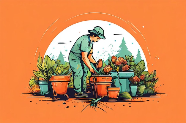 Vecteur illustration du jour de la terre avec un homme jardinant une fleur dans un pot de couleur pastel