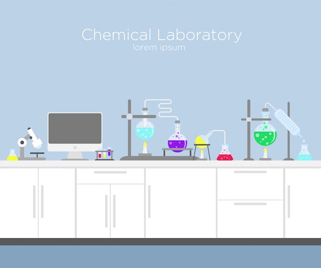 Vecteur illustration du laboratoire de chimie. infographie de chimie avec diverses solutions et réactions chimiques, ordinateur et différents outils