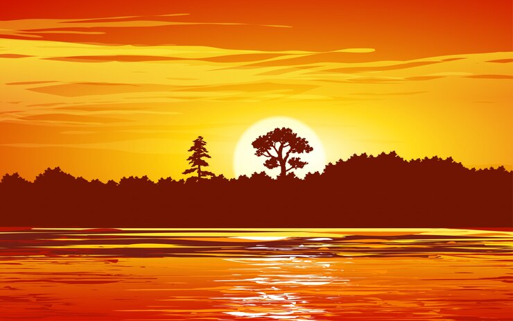 Vecteur illustration du lac avec forêt au coucher du soleil