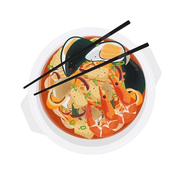 Illustration du logo Clipart Noodles coréens aux fruits de mer épicés Jjampong