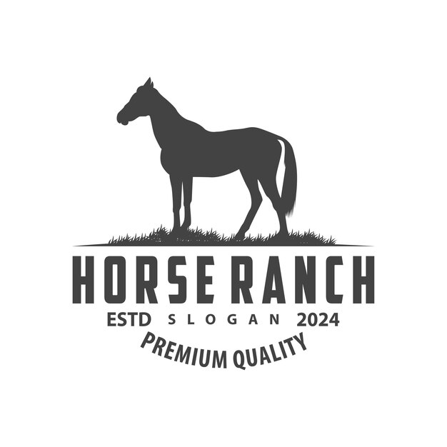 Vecteur l'illustration du logo du cheval est un modèle de ranch de cheval, un design de silhouette vintage de cow-boy de l'ouest.