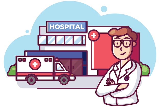 Illustration Du Médecin Avec Le Bâtiment De L'hôpital Et La Voiture D'ambulance