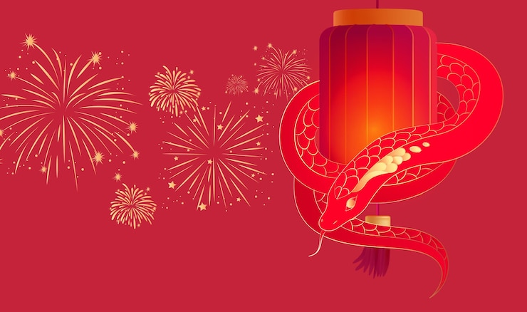 Vecteur illustration du nouvel an chinois de l'année du serpent serpent rouge enroulé autour d'une lanterne rouge