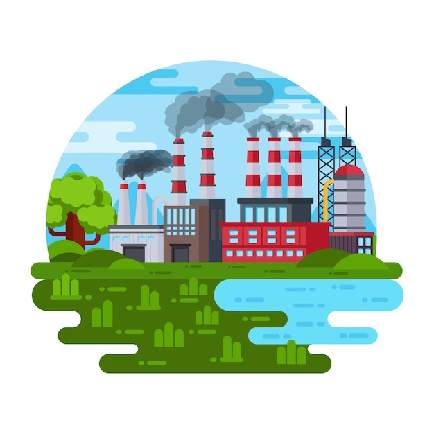 L'illustration du paysage de l'usine de fabrication est conçue dans un style plat