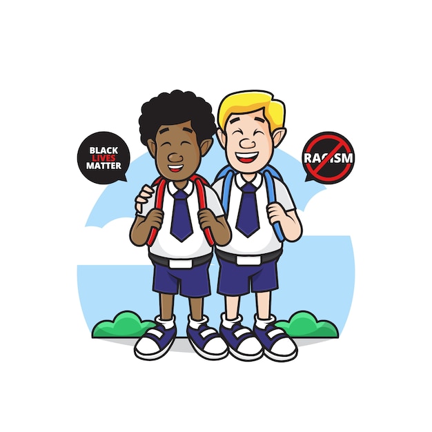 Vecteur illustration du personnage blanc et noir aller à l'école avec le symbole stop racism