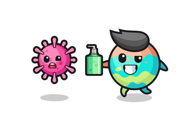 Vecteur illustration du personnage de bombes de bain chassant le virus du mal avec un désinfectant pour les mains, design de style mignon pour t-shirt, autocollant, élément de logo